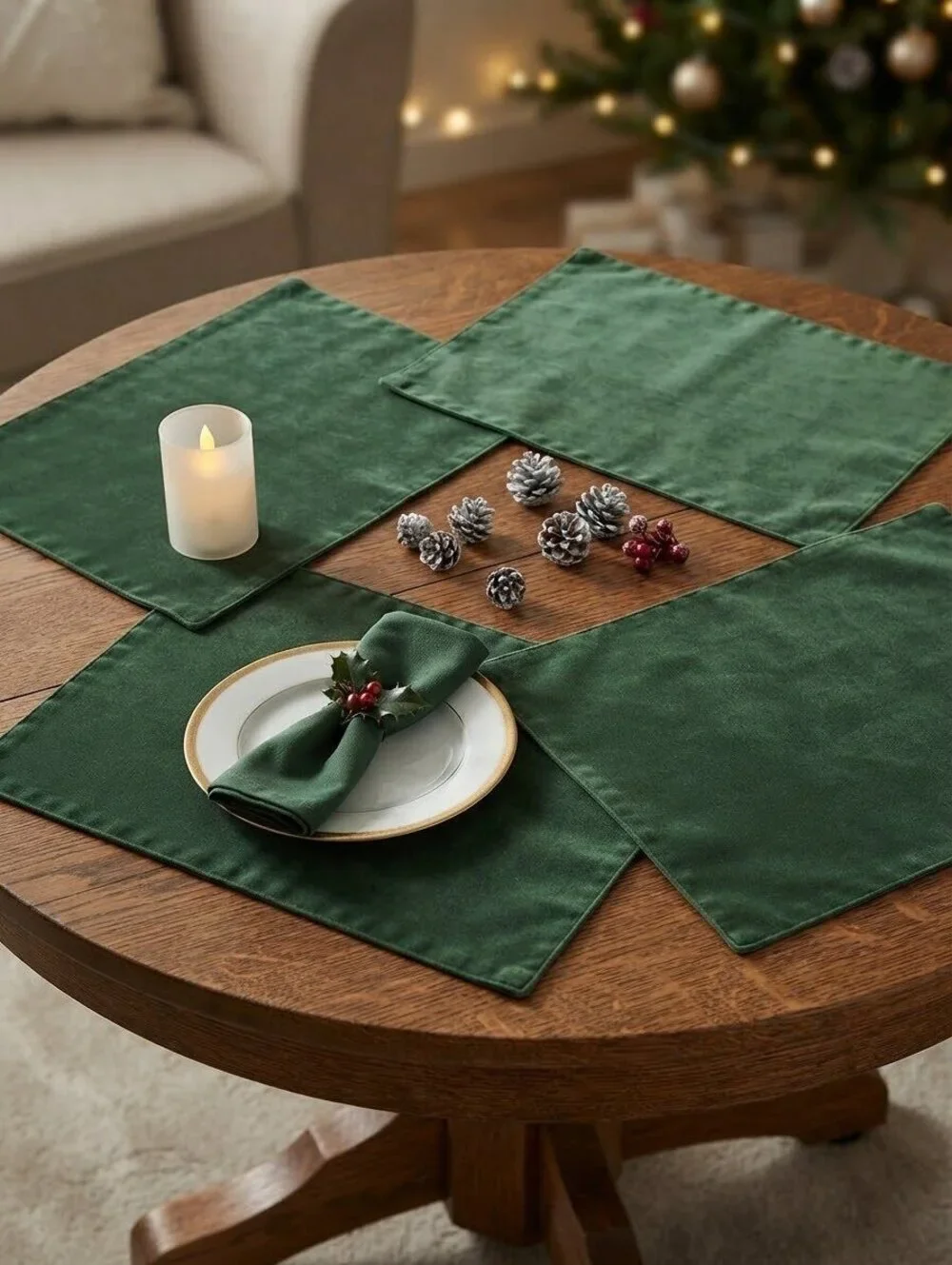 Set of 4 Dark Green velvet Placemat Set